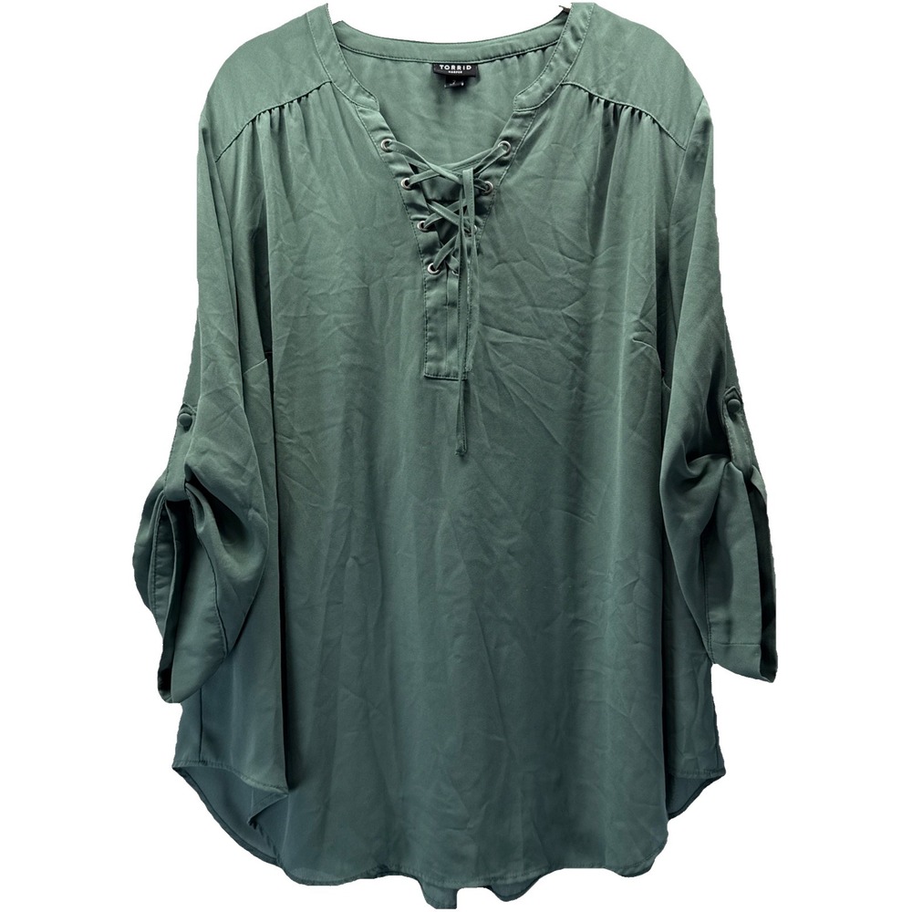 Torrid‎ Women's Top Size 2X Lace Up Popover Solid Green Roll Tab Sleeves Pleated